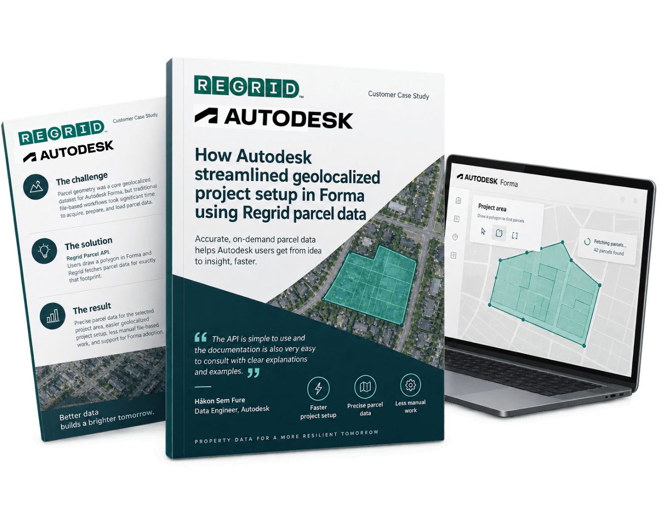 Three promotional materials for Autodesk and Regrid showing a book-style brochure titled “How Autodesk streamlined geolocalized project setup in Forma using Regrid parcel data,” with a laptop graphic displaying a green parcel map.
