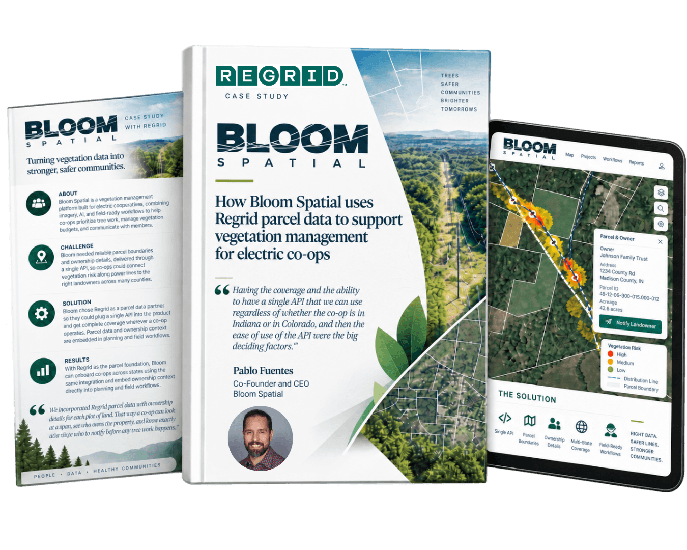 Case study layout for “Bloom Spatial” showing three items: a left brochure, a central book titled “Bloom Spatial,” and a right tablet screen displaying a map interface with menus and labels.