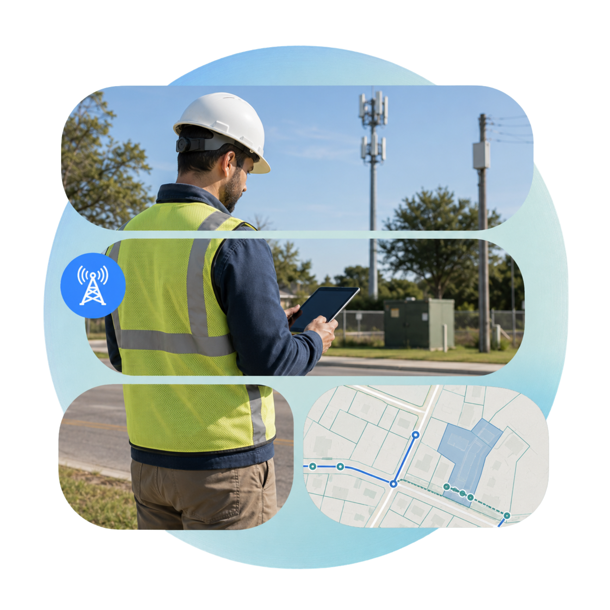 Split image of a man holding a tablet with telco tower in the background and parcel map Split image of a man holding a tablet with telco tower in the background and parcel map