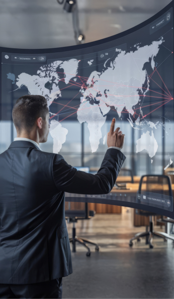 Business person interacting with virtual world map