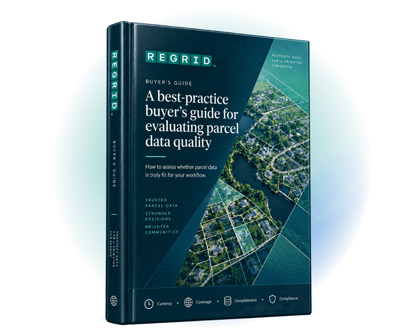 Teal and dark-blue book titled “A best-practice buyer’s guide for evaluating parcel data quality,” with satellite map graphics, a barcode on the spine, and icons for coverage, completeness, and compliance.
