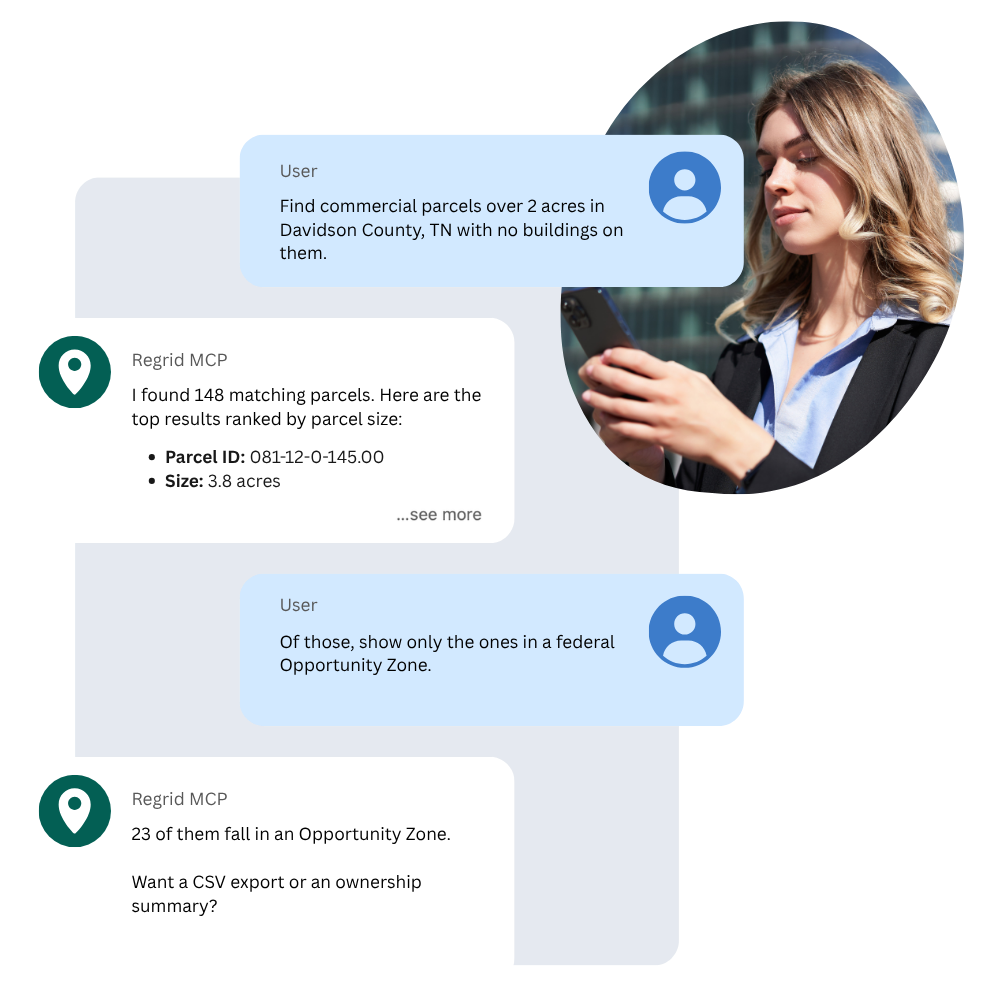 Chat conversation between Regrid user and Regrid MCP server