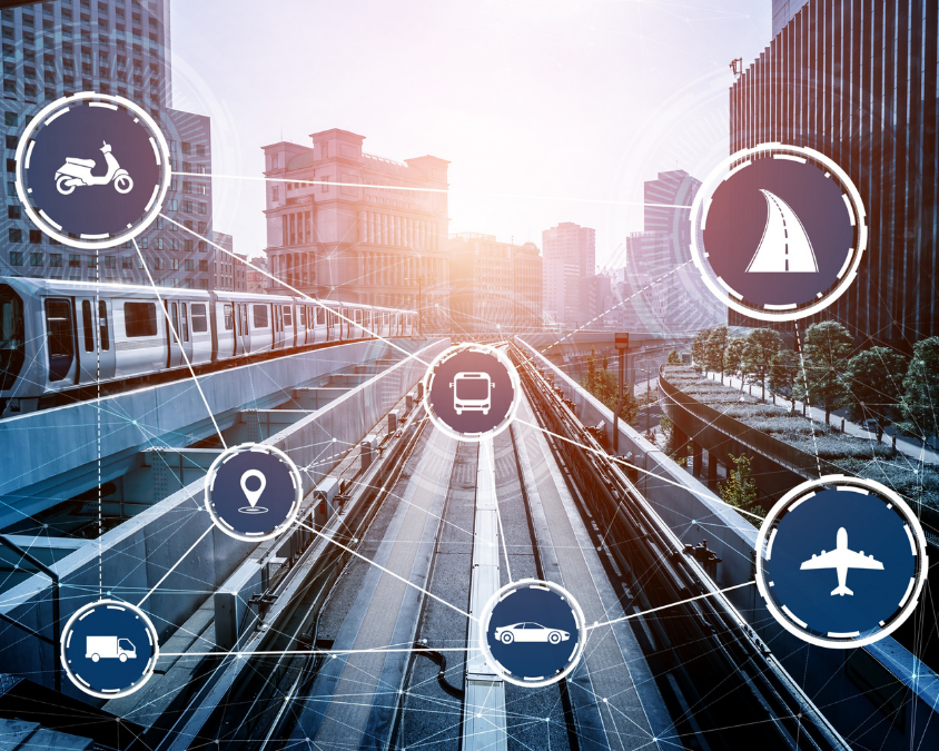 Cityscape backround with transport icons overlaid