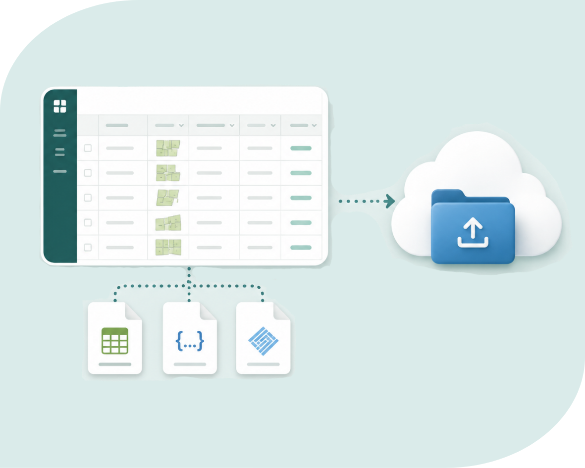 A spreadsheet interface is shown with data entries, connected by dotted lines to three file icons representing different data formats. An arrow points from the spreadsheet to a cloud icon containing a folder with an upload symbol, indicating data transfer to cloud storage. A spreadsheet interface is shown with data entries, connected by dotted lines to three file icons representing different data formats. An arrow points from the spreadsheet to a cloud icon containing a folder with an upload symbol, indicating data transfer to cloud storage.