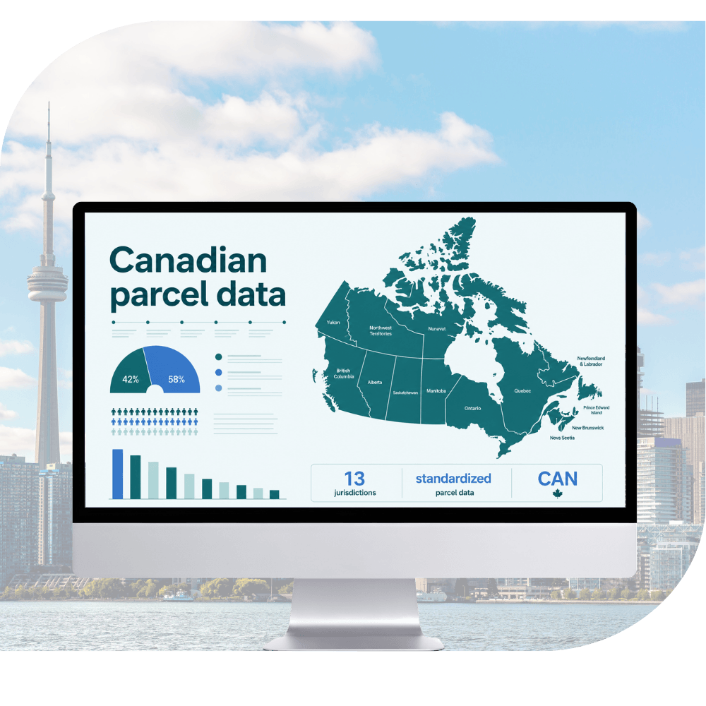 Computer screen showing Canadian parcel data stats overlaid on background of Canadian cityscape