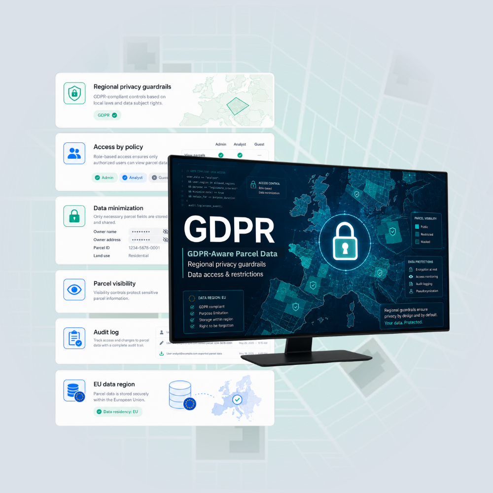 Computer screen showing GDPR awareness about European parcel data and some Regrid data attributes