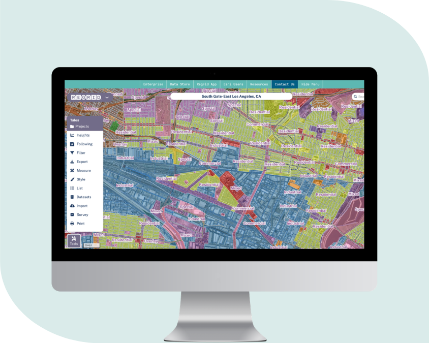 Computer screen showing Regrid zoning data