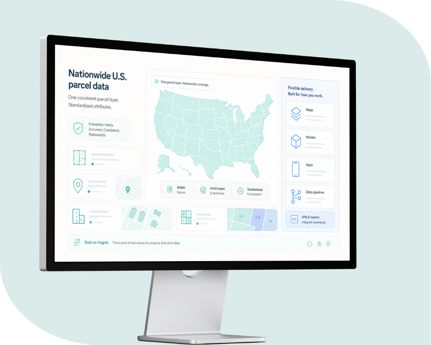 Computer screen showing Regrids nationwide parcel coverage for USA