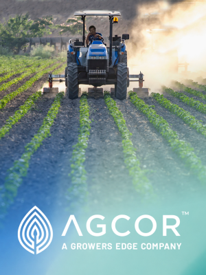 Agcor logo overlaid over a picture of a tractor in a field