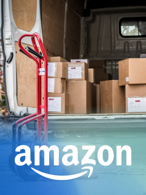 Amazon logo overlaid over a picture of a van loading parcels