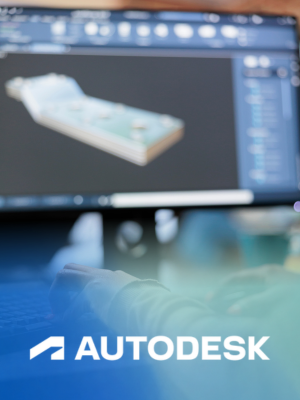Autodesk logo overlaid over a computer screen showing a CAD model
