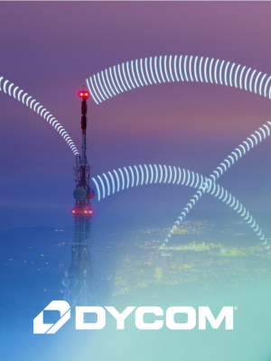Dycom logo overlaid on an image of a cell tower in a cityscape