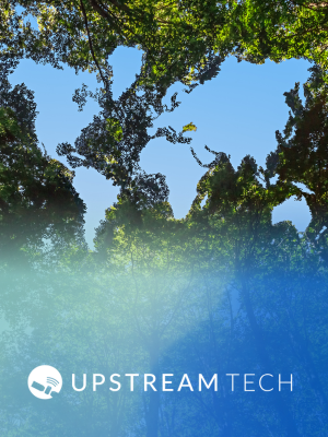 Upstream tech logo overlaid over a photo of a tree canopy with a world map shaped hole showing the sky