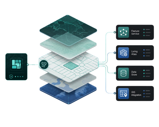 Data stack with parcel data in the centre and various output methods on the right Data stack with parcel data in the centre and various output methods on the right