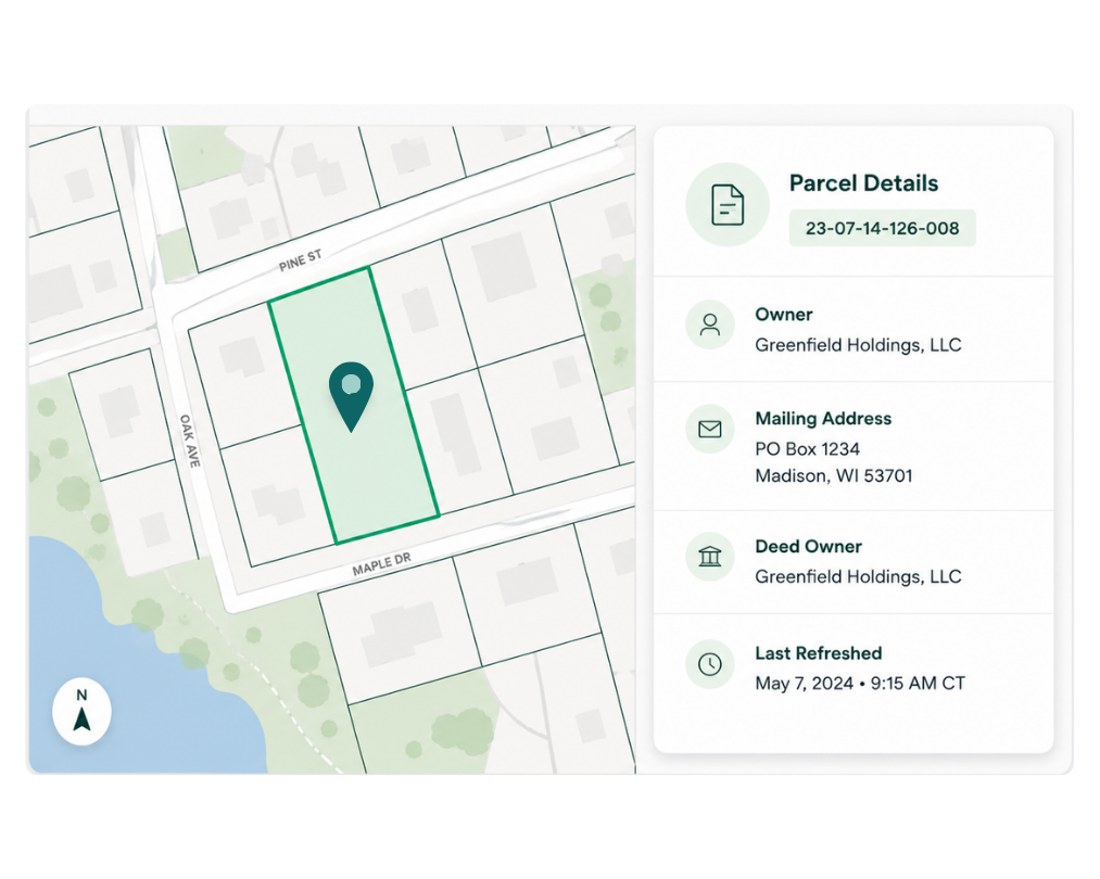 A map displaying parcel details, including owner information, mailing address, deed owner, and last refreshed date. A map displaying parcel details, including owner information, mailing address, deed owner, and last refreshed date.