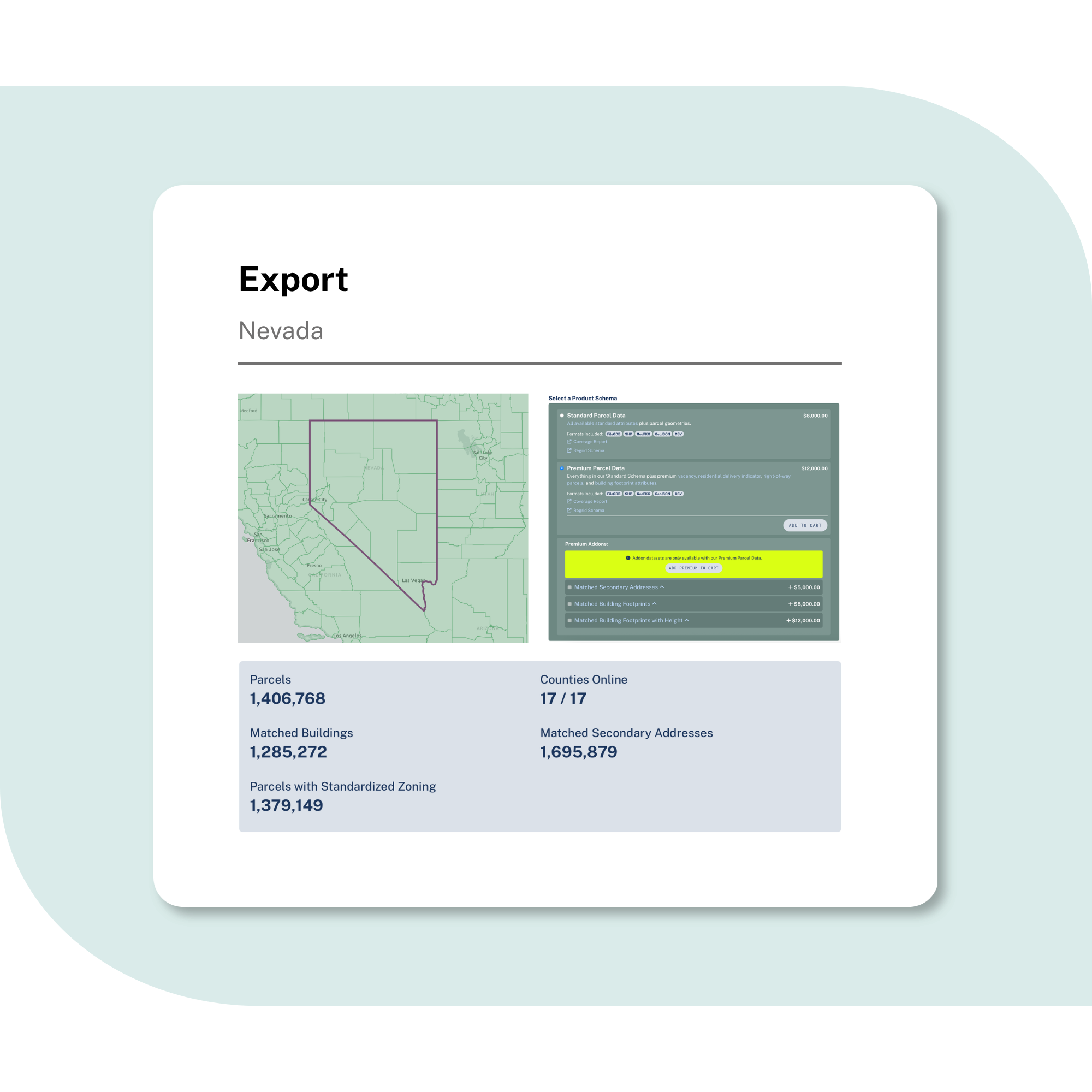Export interface showing Nevada parcel map and parcel details