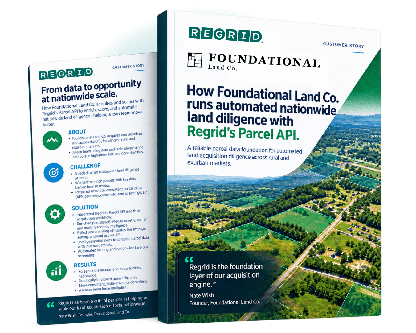 Two upright book covers on a white background titled “How Foundational Land Co. runs automated land diligence with Regrid's Parcel API,” showing a green landscape and roads.