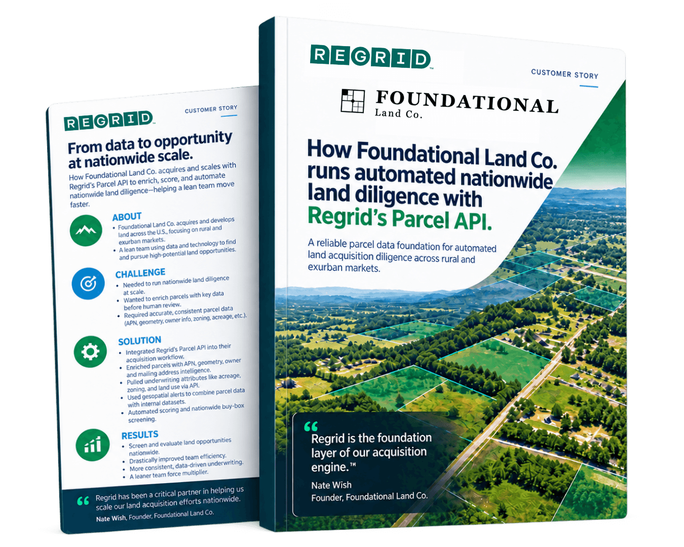Marketing render of a case study titled “REGRID” with “How Foundational Land Co. runs automated nationwide land diligence with Regrid's Parcel API,” shown beside a matching brochure on a white background.