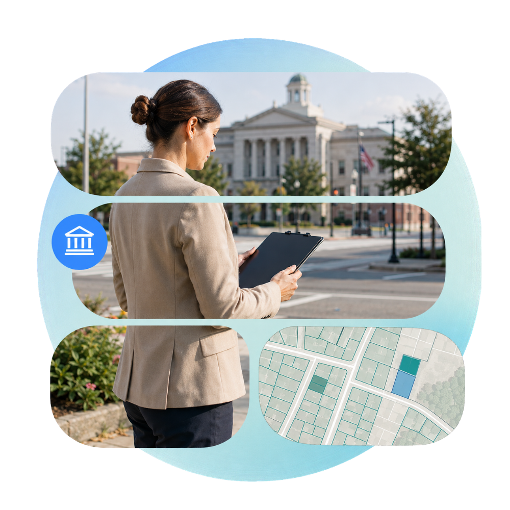 Split image of person holding a tablet with a parcel map and government icon Split image of person holding a tablet with a parcel map and government icon