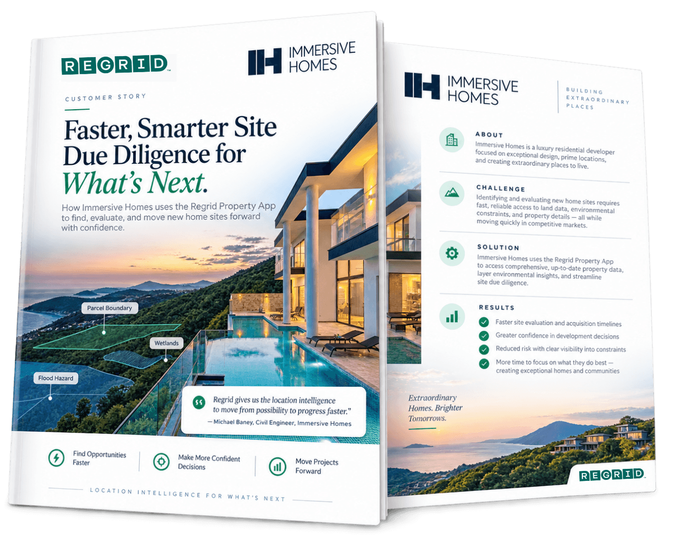 A case study title page for Regrid and Immersive Homes showing a modern house with a pool at sunset, with headline text, green icons, and a multi-section diagram layout.