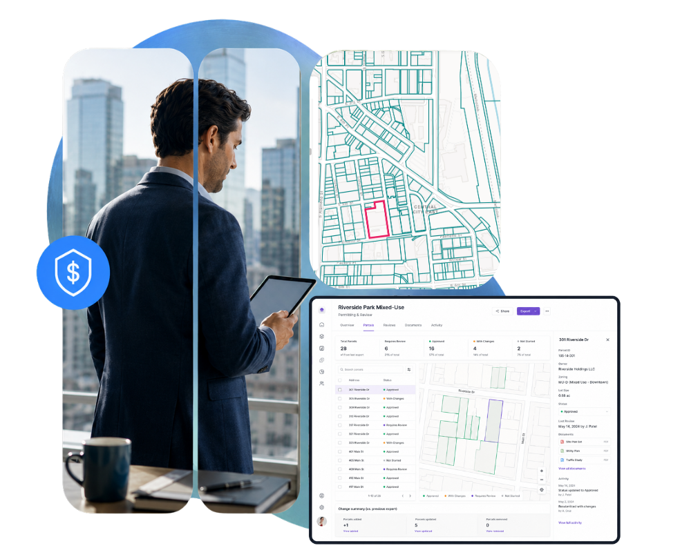 Insurance salesman looking at parcel data on his tablet