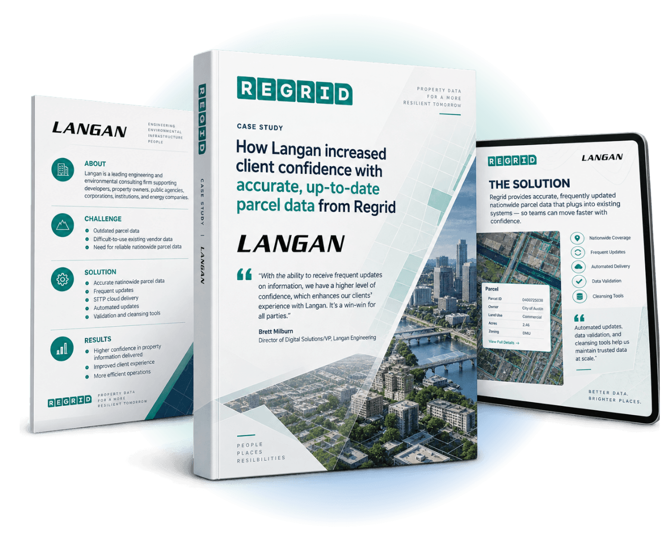 Three brochure covers for a Regrid case study titled “How Langan increased client confidence with accurate, up-to-date parcel data,” plus a spec sheet and tablet screen showing "the solution"