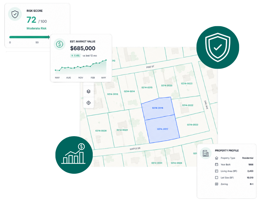 Parcel map surrounded by insurance and finance attributes
