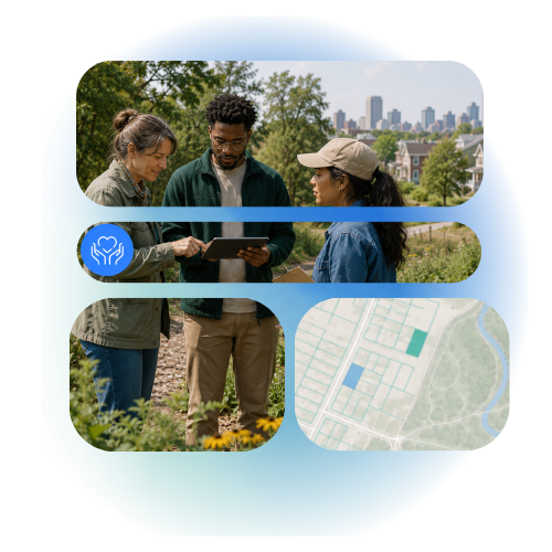 People in a field looking at a tablet