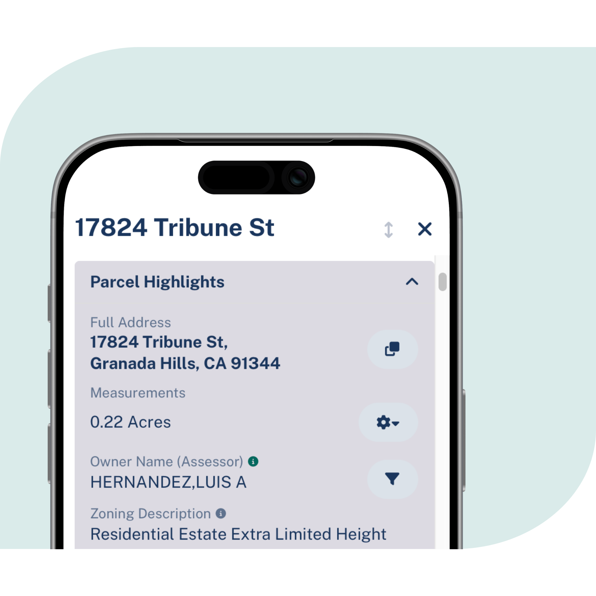cell phone showing parcel data 