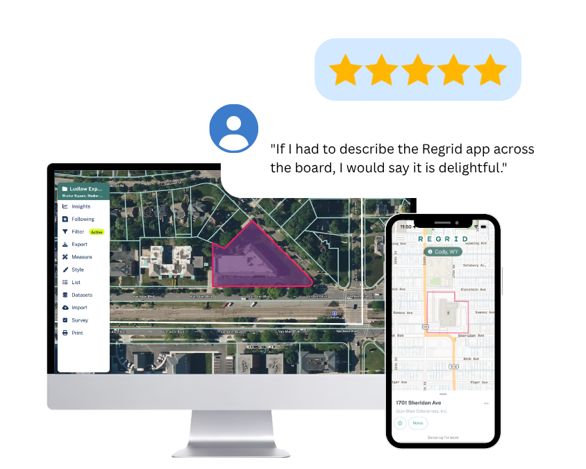Regrid property app on desktop and mobile with a five star review Regrid property app on desktop and mobile with a five star review