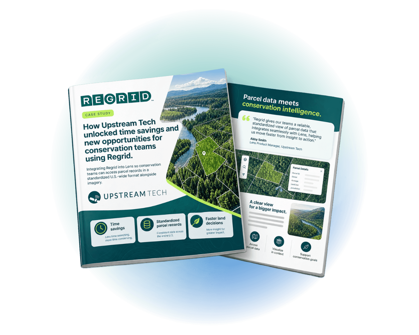Two brochures on a white background: one titled “REGRID” about upstream tech and time savings, and a second titled “Parcel data meets conservation intelligence” with a forested landscape graphic and quote text.