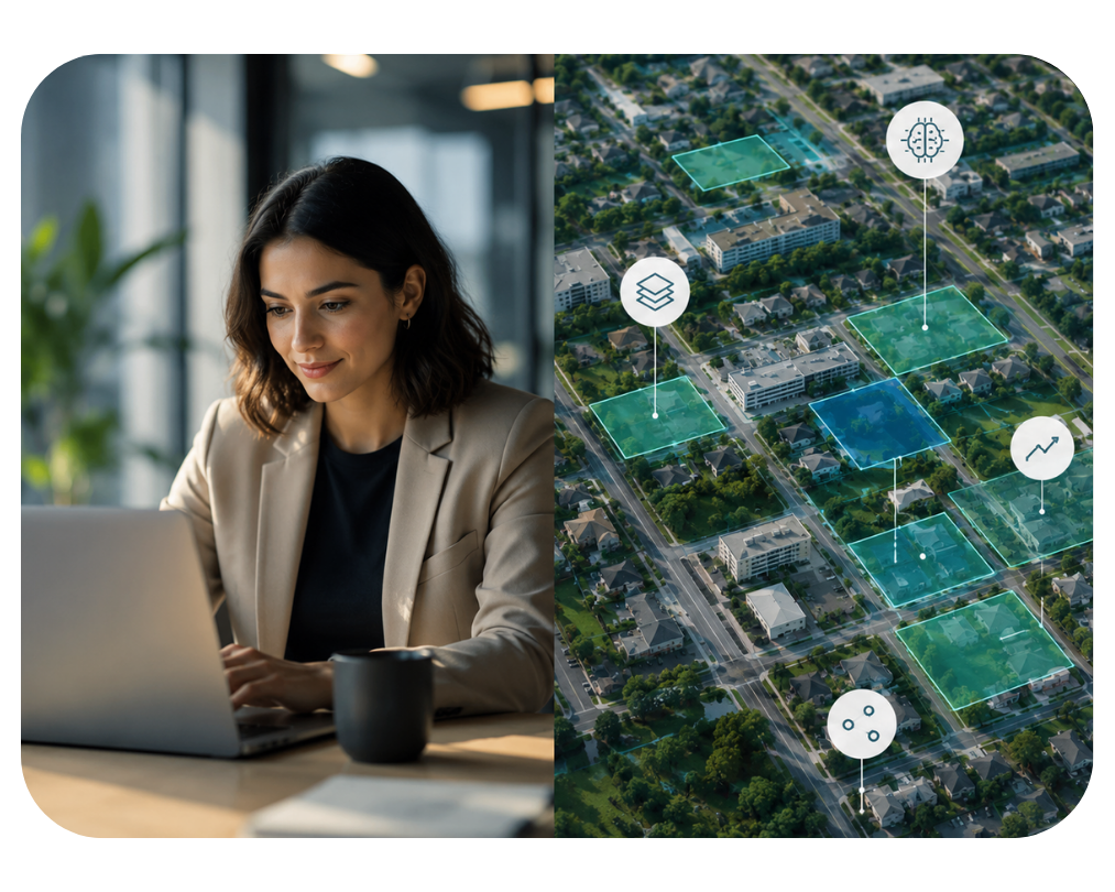 Woman using AI next to AI style parcel map Woman using AI next to AI style parcel map