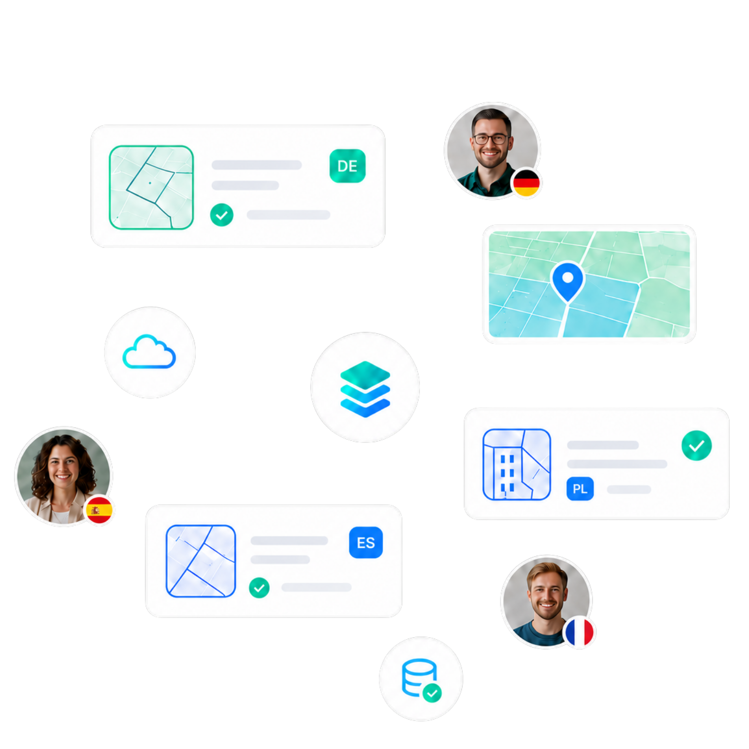 Users, icons, and attribute boxes arranged in a circle Users, icons, and attribute boxes arranged in a circle
