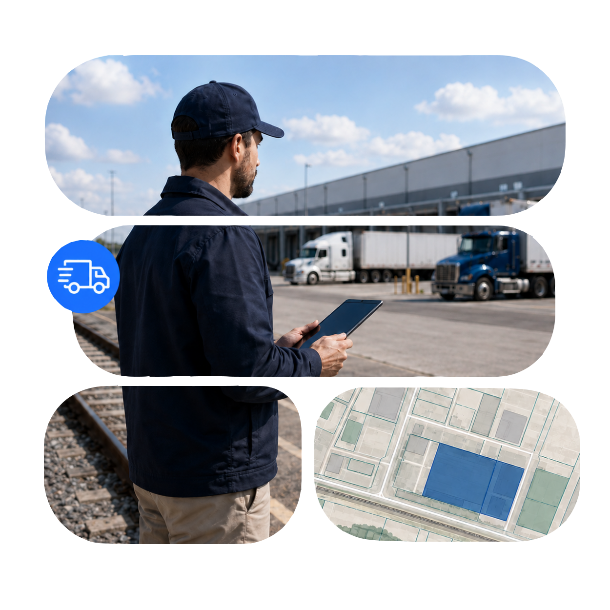 Man holding a tablet in front of a logistics centre