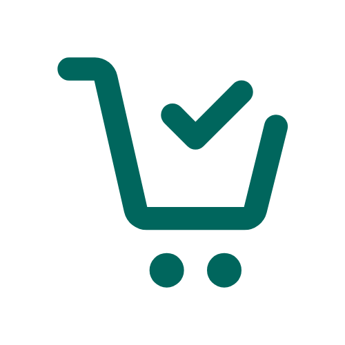 Green icon of a shopping cart with check mark