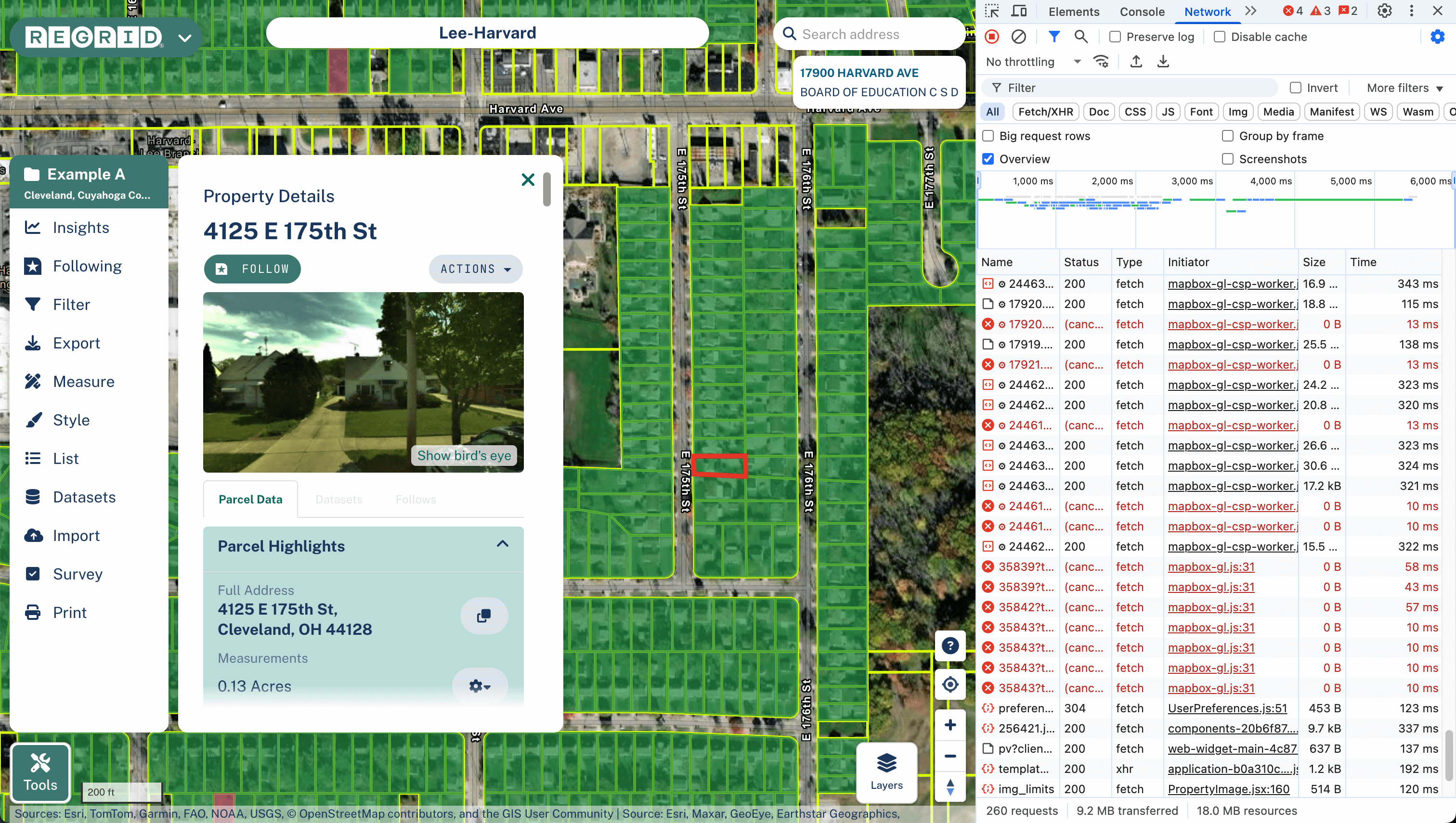 Image of Regrid with Network tab open