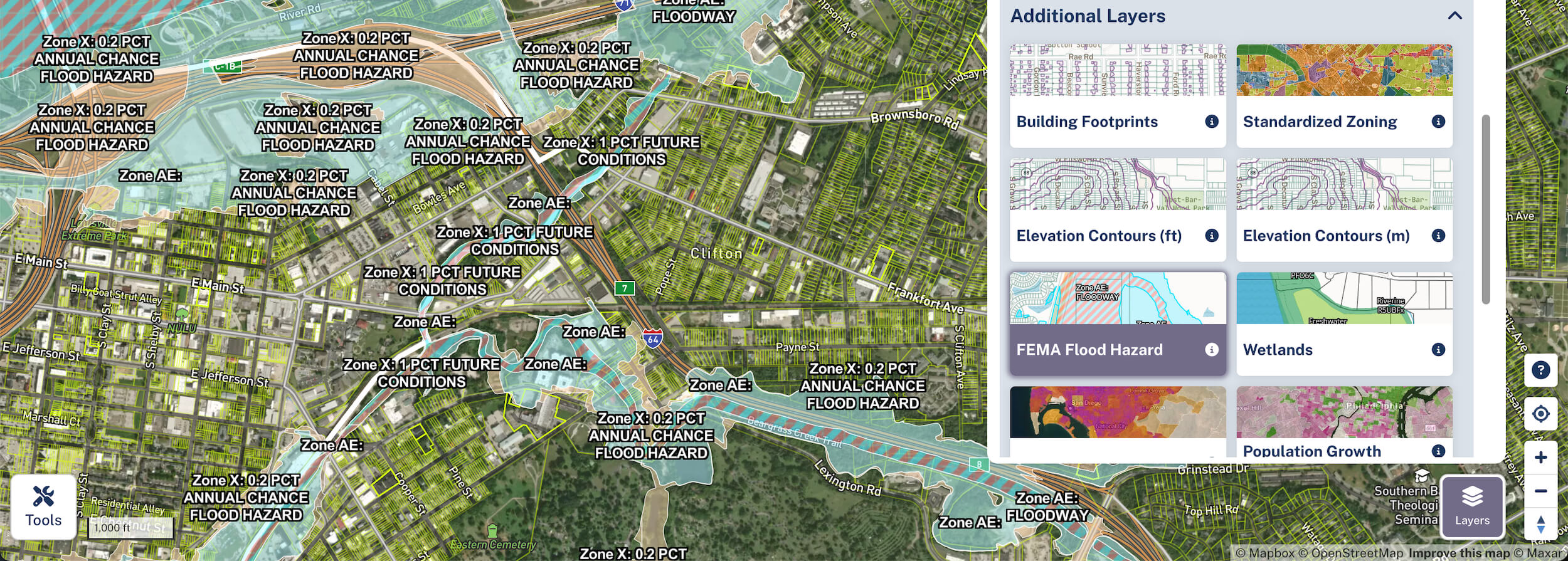 Image of the Regrid Property App showing the Layers button clicked and FEMA flood zones displaying on the map