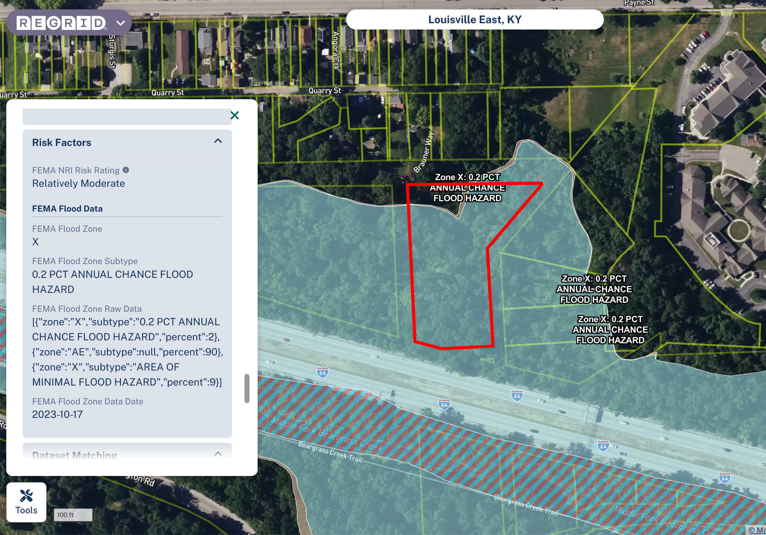 Image of a property in the Regrid Property App displaying FEMA flood information as part of the parcel details