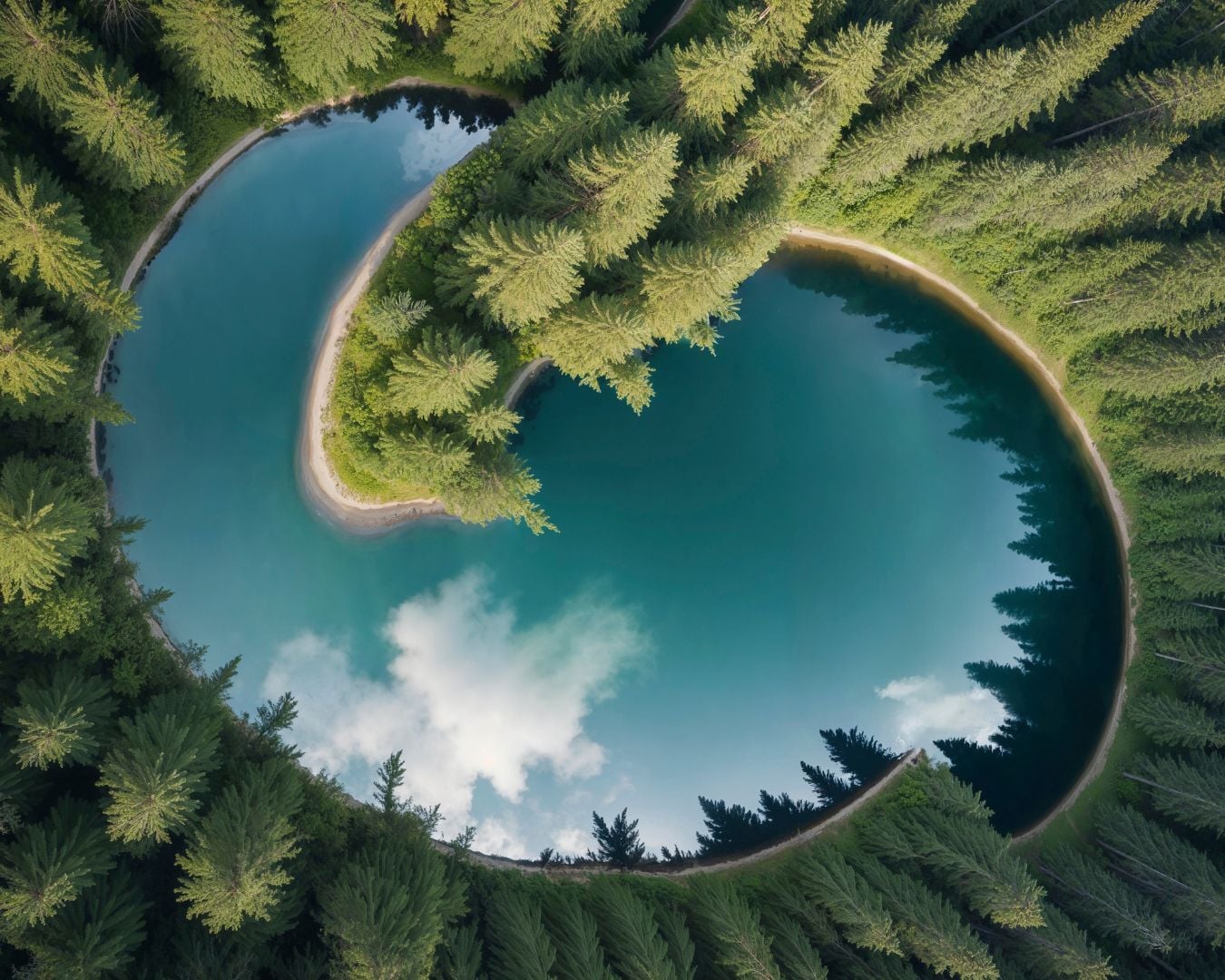 A round, turquoise lake surrounded by dense evergreen forest, viewed from above, with a narrow inlet and reflections of clouds on the water.